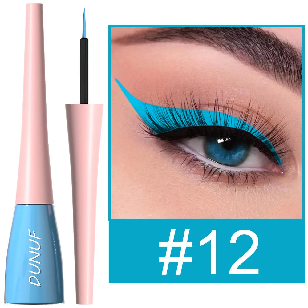 DUNUF eyeliner pen with a close-up of an eye wearing blue eyeliner, labeled '#12'.