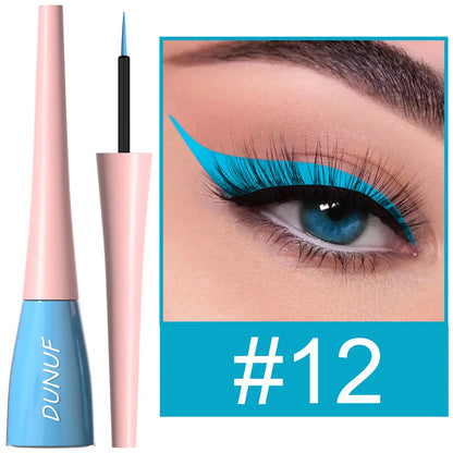 DUNUF eyeliner pen with a close-up of an eye wearing blue eyeliner, labeled '#12'.