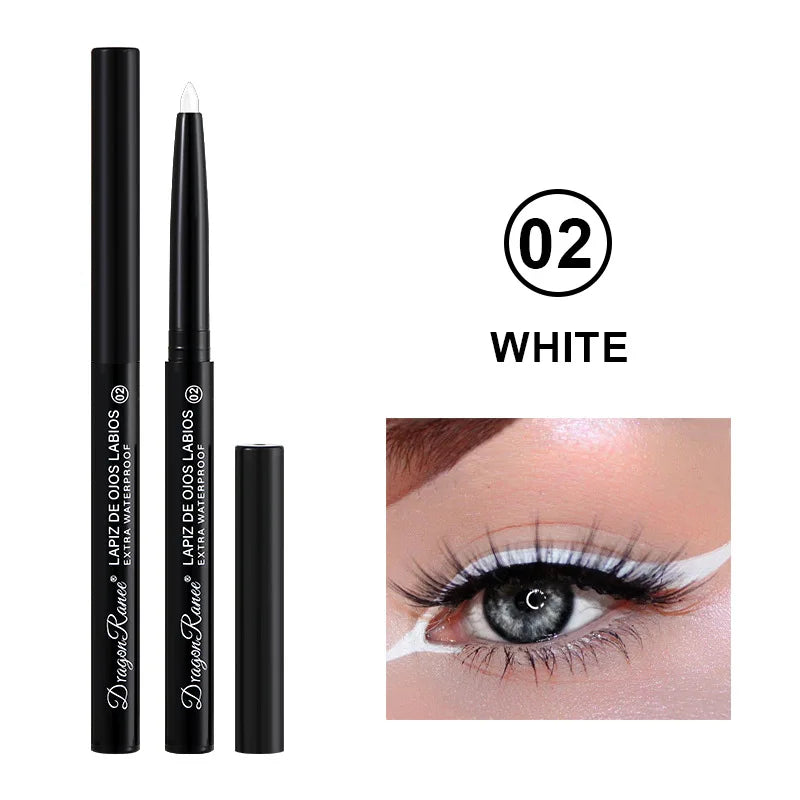 Eyeliner pencil with 'Dragon Rouge' branding, shown with an application on a white background.