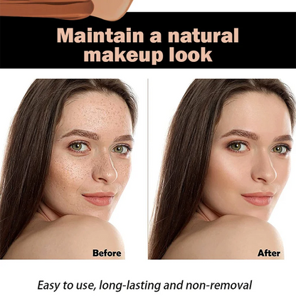Before and after comparison of a woman's face with text about maintaining a natural makeup look.