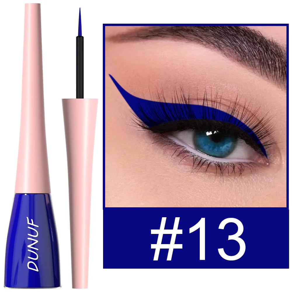 Eyeliner pen with blue and pink design and close-up of eye wearing blue eyeliner.