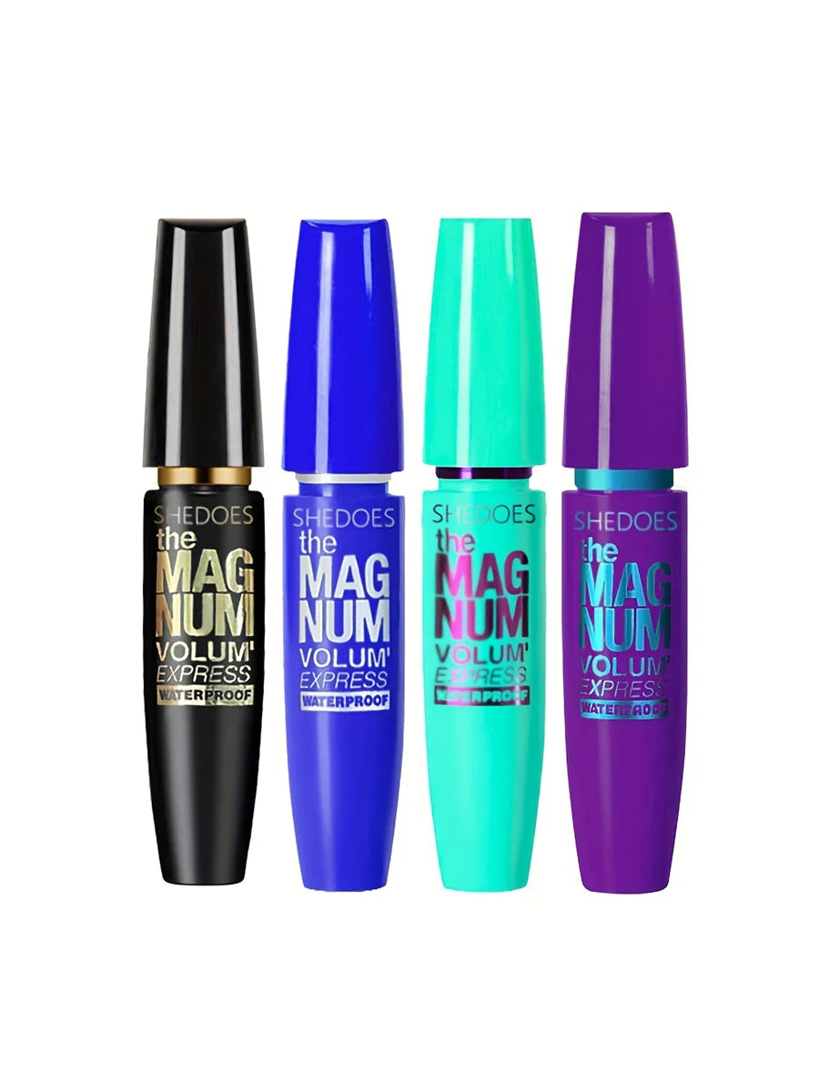 Four colorful mascara tubes with 'SHEDOES' branding on a white background