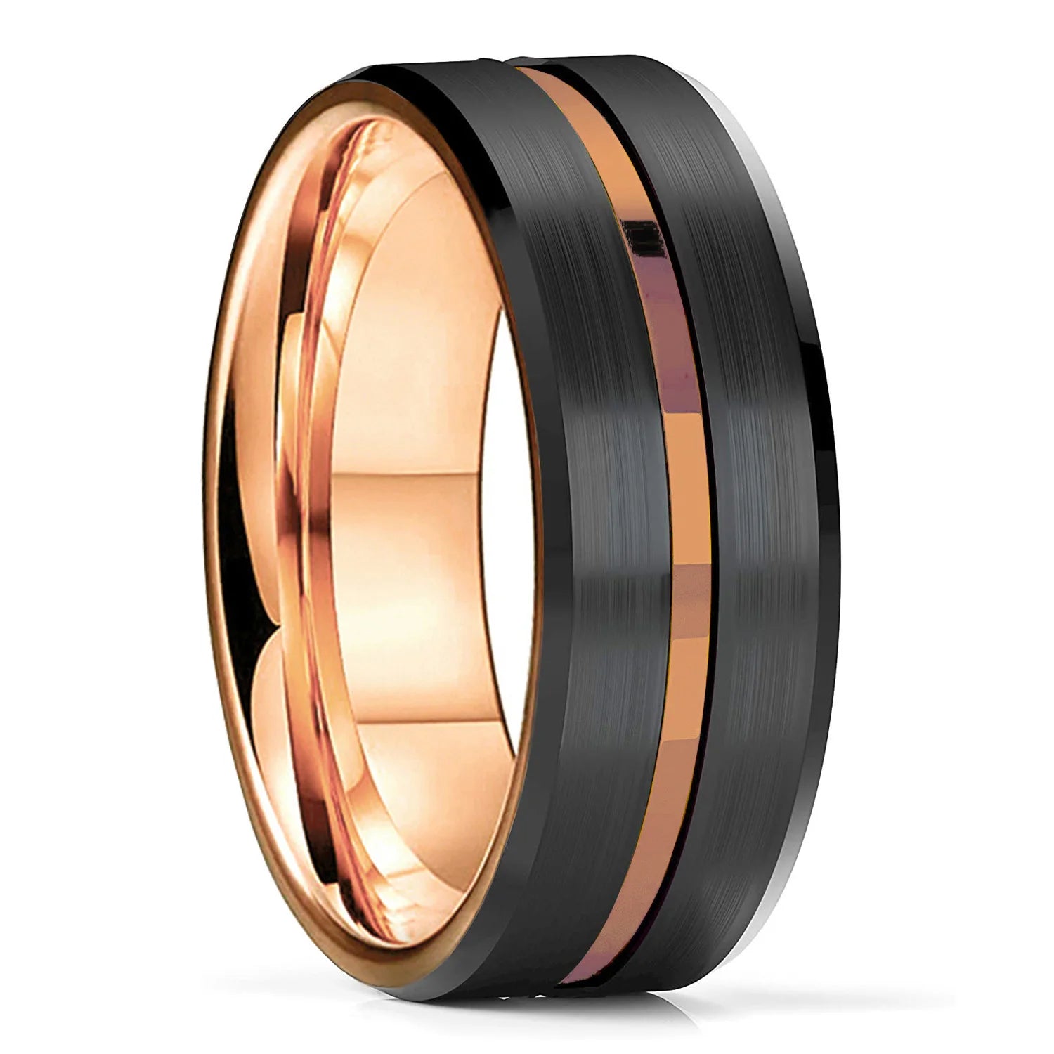 Two-tone rose gold and black ring on a white background
