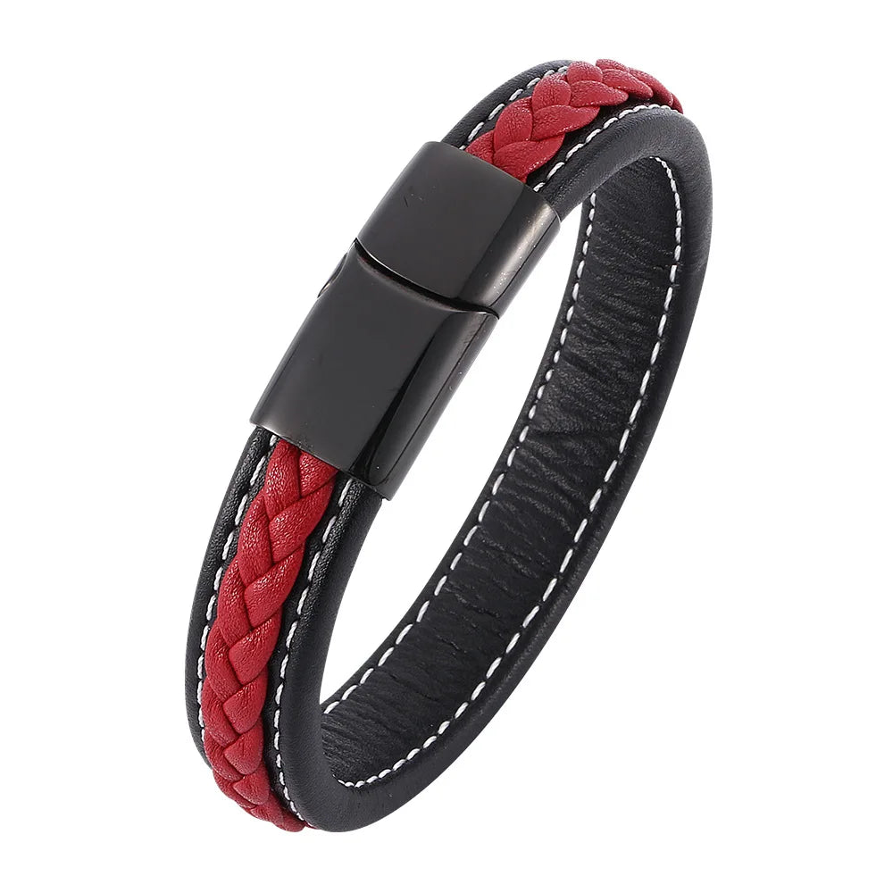 Black and red braided leather bracelet with a black clasp on a white background