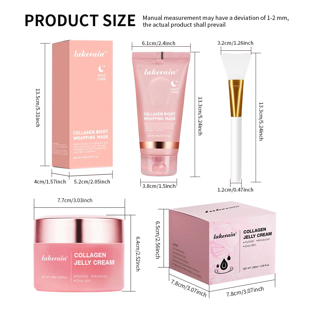 Measurement chart of Lakenaire skincare products including a mask, cream, and jelly cream with dimensions.