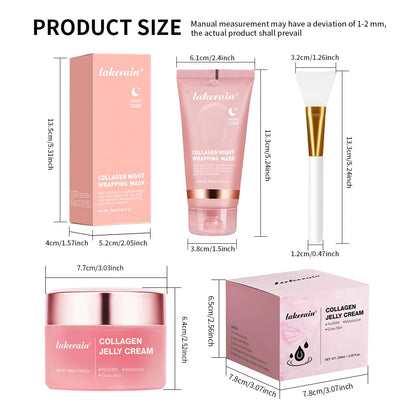 Measurement chart of Lakenaire skincare products including a mask, cream, and jelly cream with dimensions.