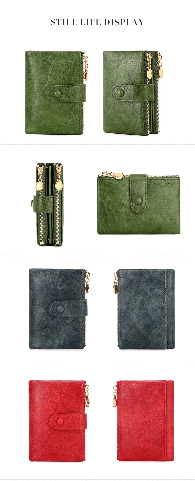 Collection of green, black, and red leather wallets displayed against a white background.