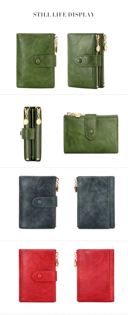 Collection of green, black, and red leather wallets displayed against a white background.
