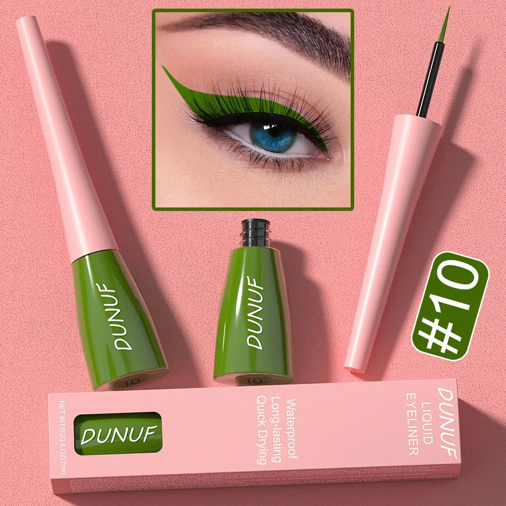 DUNUF liquid eyeliner with packaging on a pink background