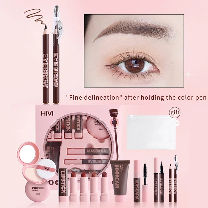 Makeup product set with eyebrow pencil, eye cream, and other cosmetic items on a pink background.