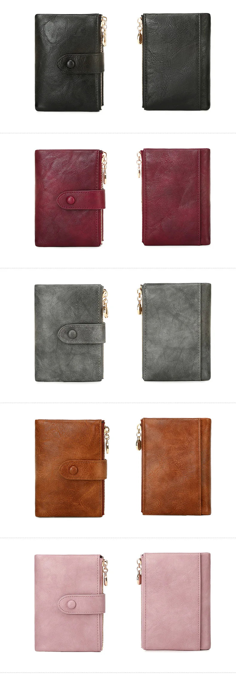 Collection of various leather wallets in different colors on a white background