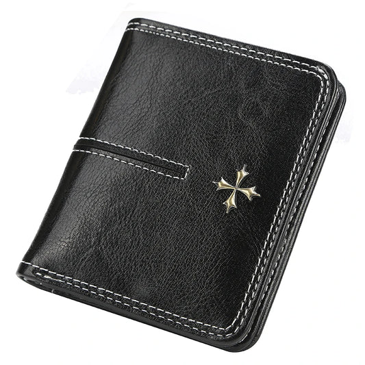 Black leather wallet with a gold cross emblem on a white background