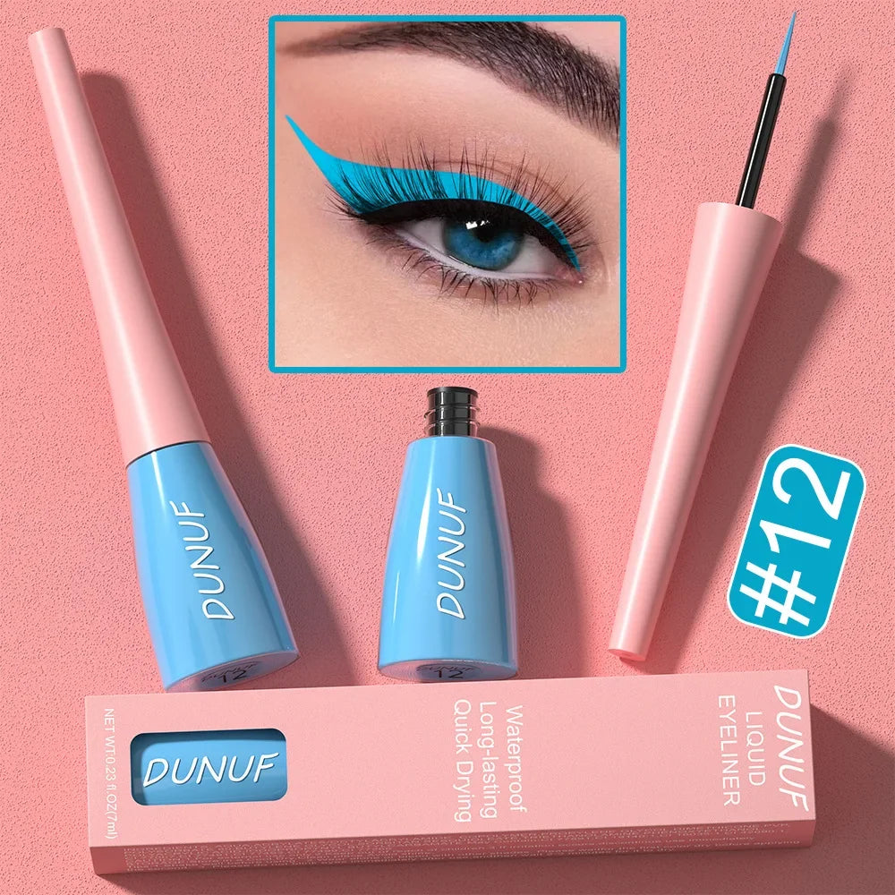 DUNUF liquid eyeliner with packaging on a pink background