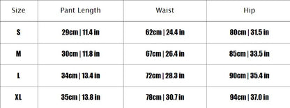Table displaying pant length, waist, and hip measurements for sizes S, M, L, and XL.