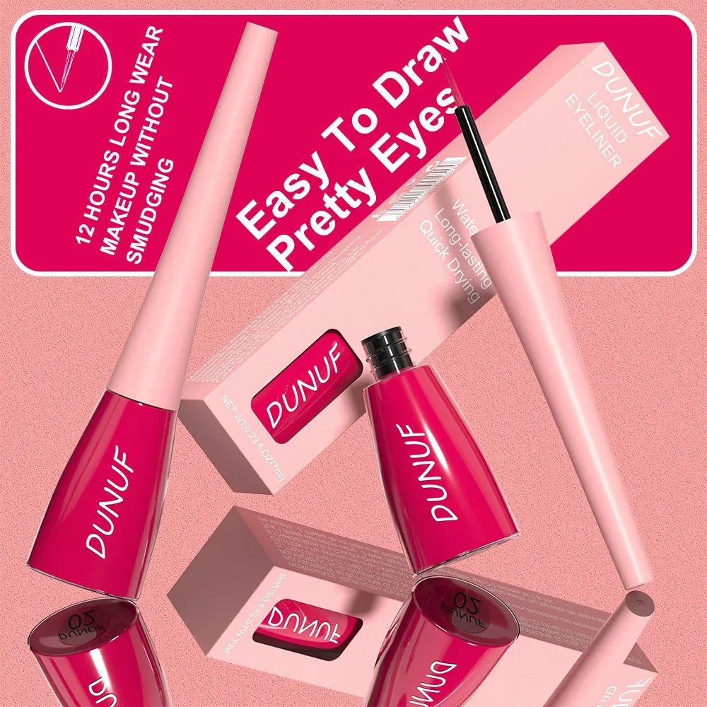 DUNUF makeup products on a pink background with text about long wear and smudge-free makeup.