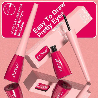 DUNUF makeup products on a pink background with text about long wear and smudge-free makeup.