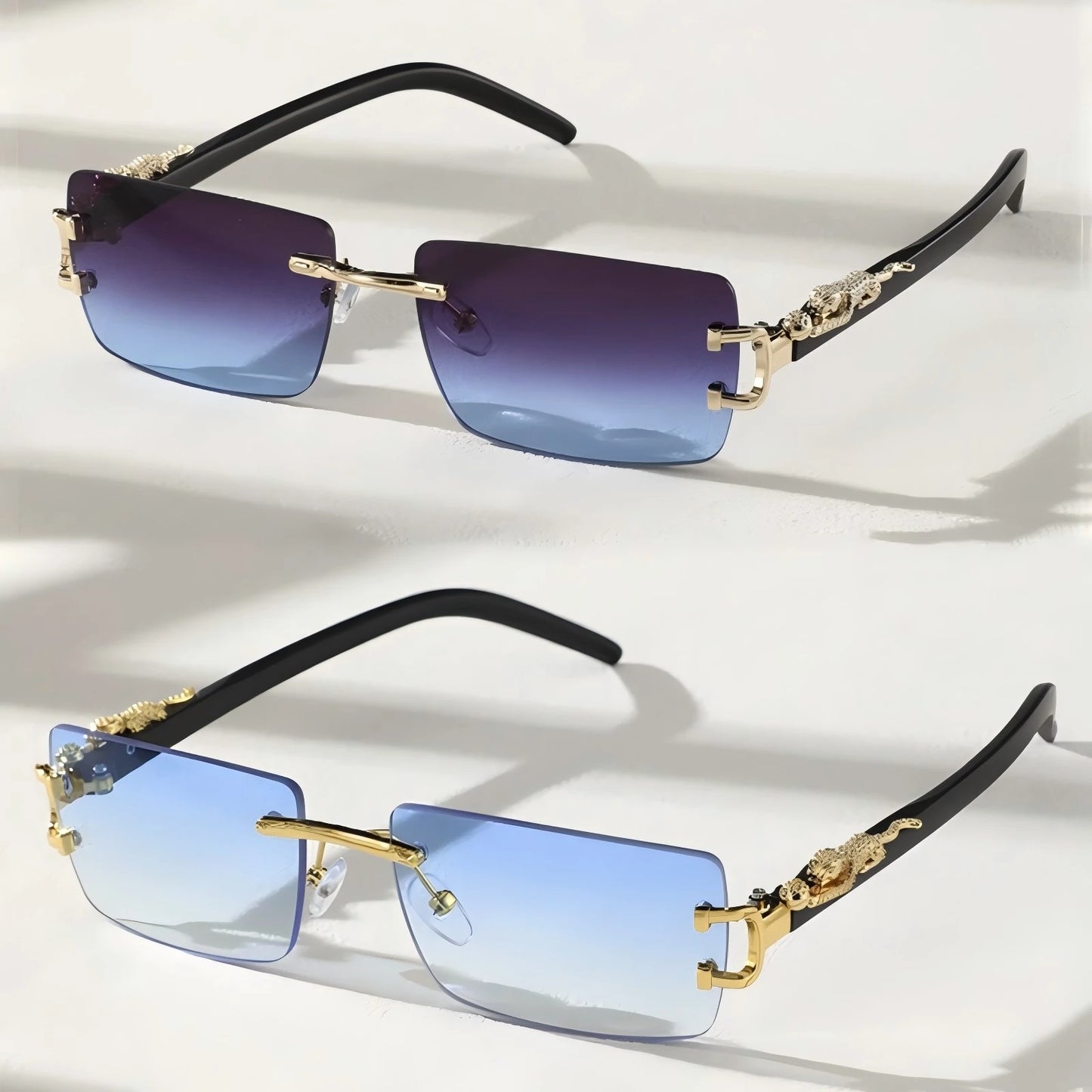 Pair of sunglasses with gold accents and blue gradient lenses on a white background