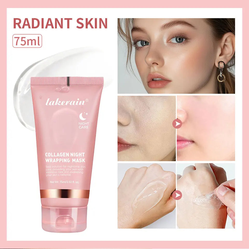 Lakerain collagen night wrapping mask with product packaging and usage demonstration on a pink background