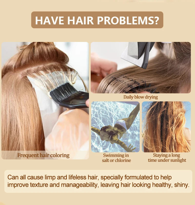 Advertisement for hair care product showing hair issues and solutions.