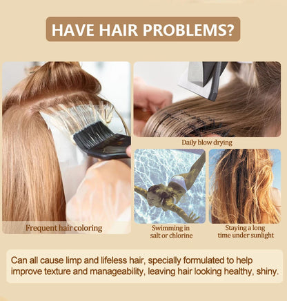 Advertisement for hair care product showing hair issues and solutions.