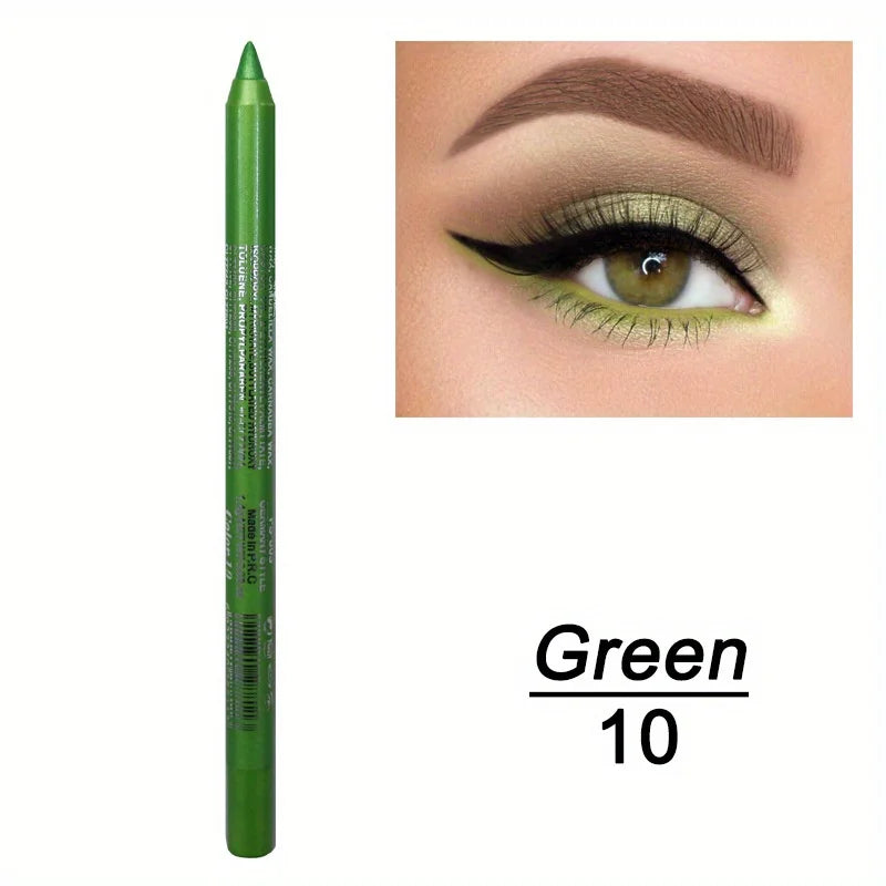 Green eyeliner pencil with close-up of eye wearing green makeup on a white background