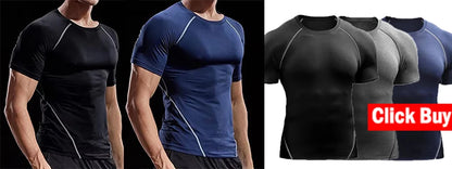 Compression shirts in black, blue, gray, and red with 'Click Buy' button.