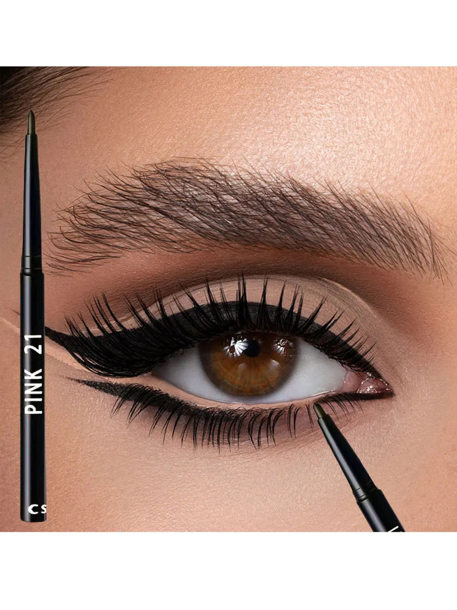 Eyeliner being applied to an eye with a close-up of the eyeliner pencil labeled 'Pink 21'.