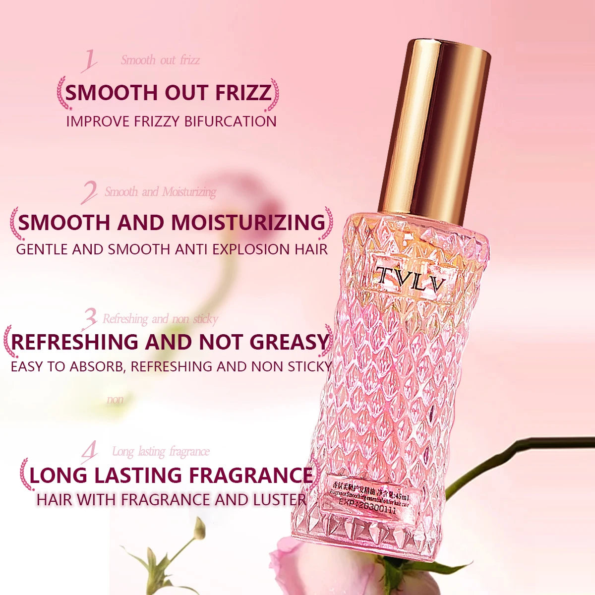 TVLV hair product bottle with text on a pink background