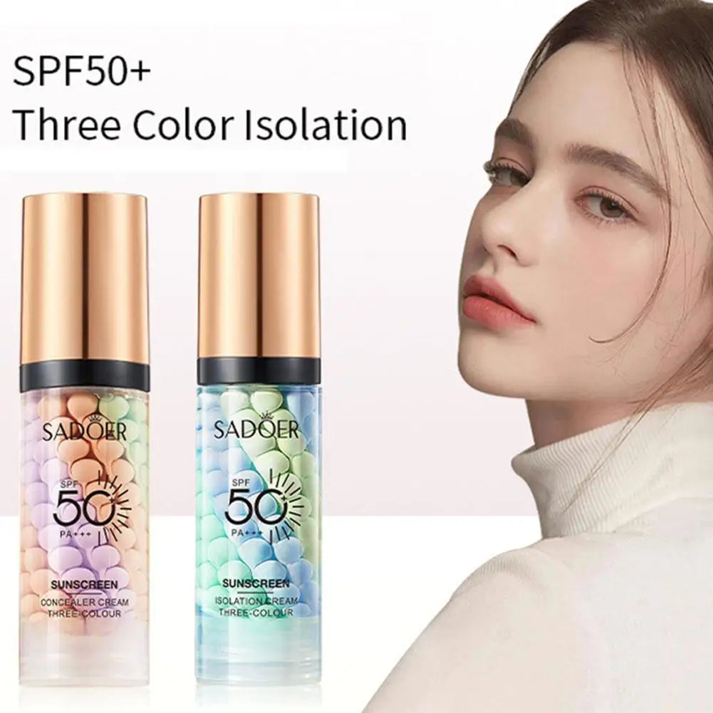 Two sunscreen bottles with 'SADOER' branding and a woman's face on a light pink background.