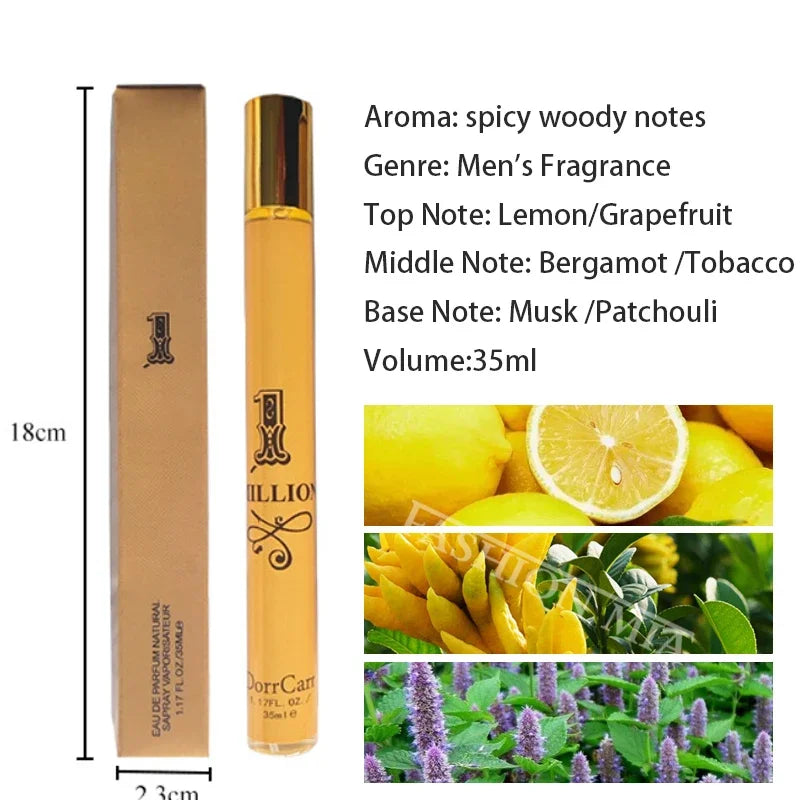 Perfume bottle with packaging and fragrance notes displayed