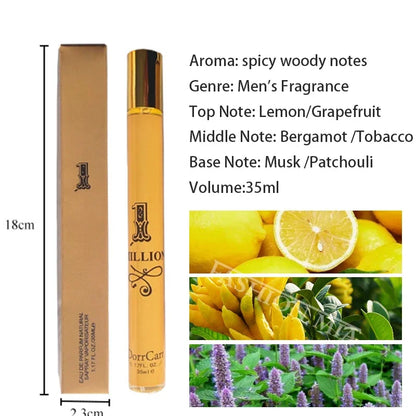 Perfume bottle with packaging and fragrance notes displayed