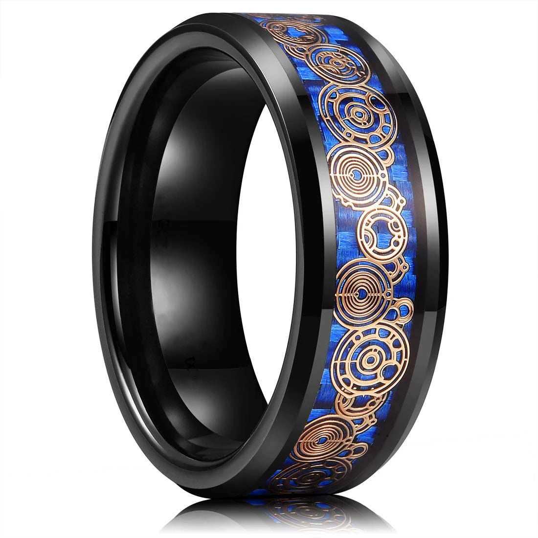 Black ring with blue and gold inlay on a white background