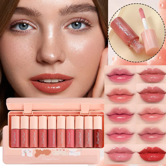 Lipstick set with close-ups of a woman's lips wearing different shades, Dangena brand visible.