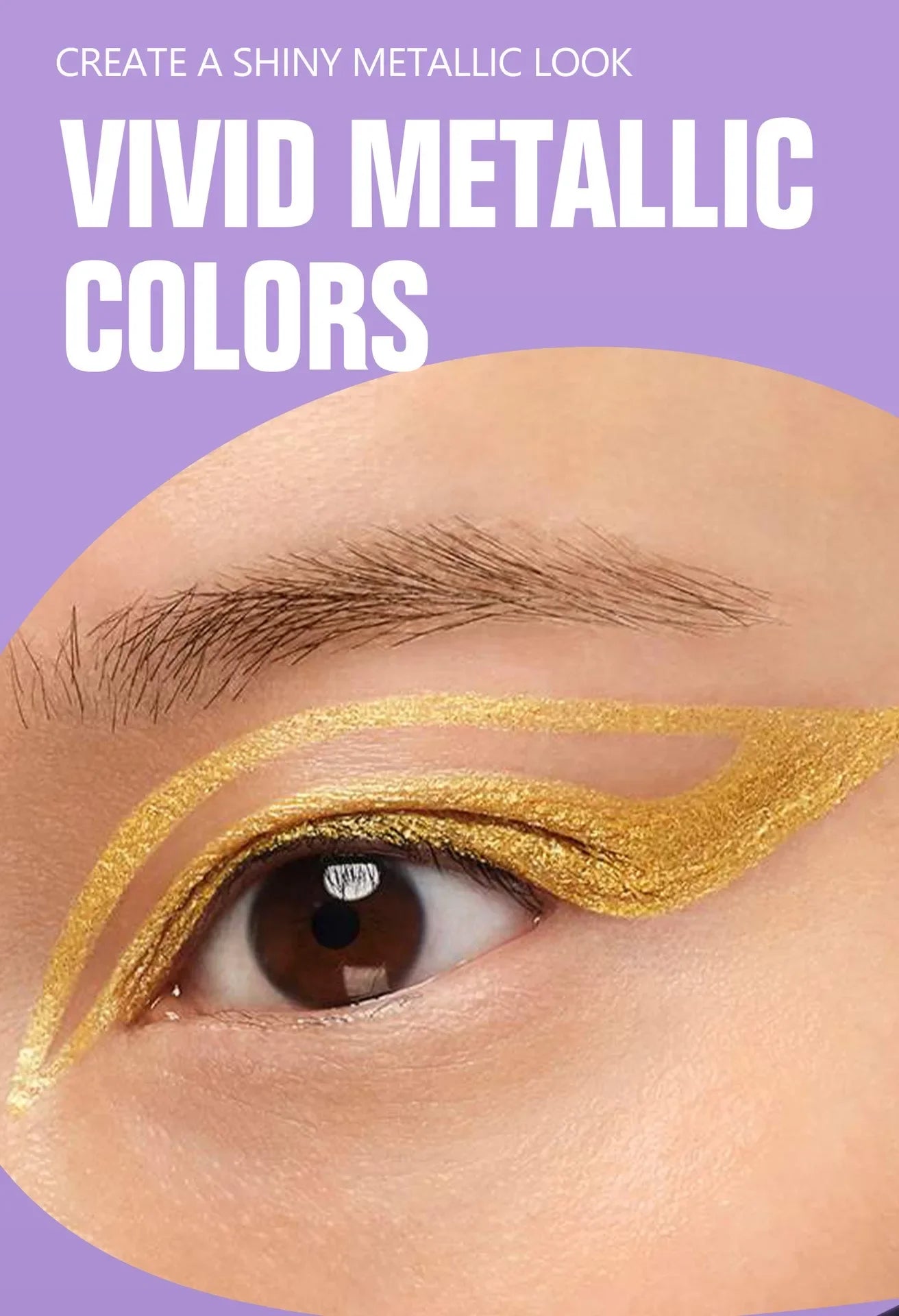 Close-up of an eye with gold eyeliner on a purple background with text about metallic colors.