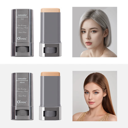 Two O'Ceallach concealer sticks with a close-up of a woman's face on a white background.