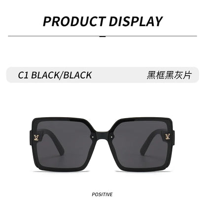 Black sunglasses with a brand logo on a white background