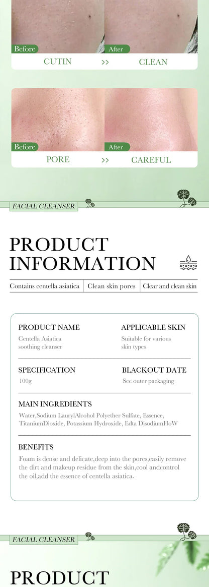 Product information sheet for a facial cleanser with skin texture before and after use.