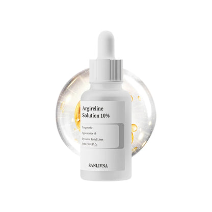 Skincare serum bottle with dropper labeled 'Argireline Solution 10%' by SANLIVNA on a white background.
