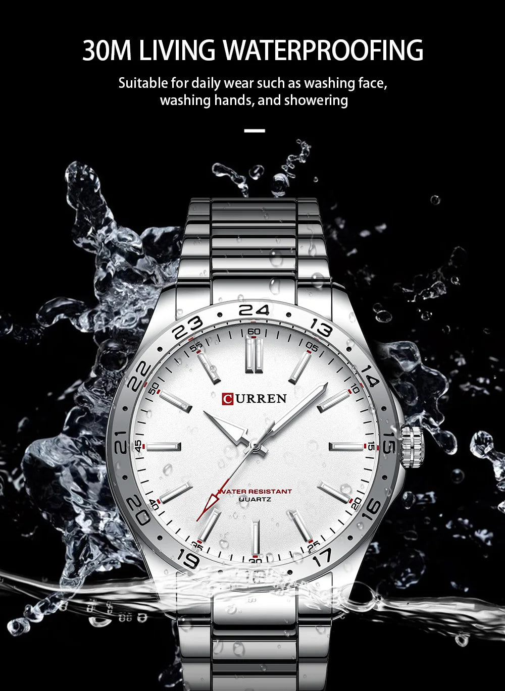 Curren watch with water splashes on a black background, emphasizing waterproof feature.