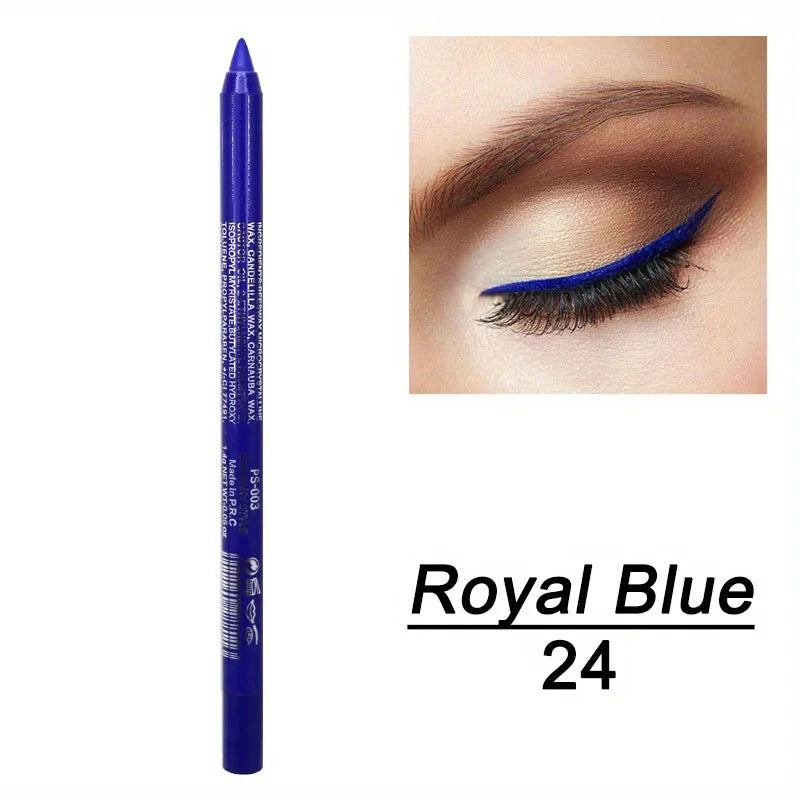 Blue eyeliner pencil with an eye close-up wearing the color 'Royal Blue 24'.