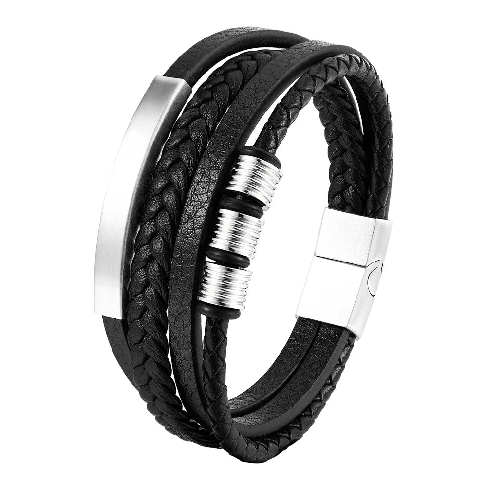 Black braided leather bracelet with silver metal clasp on a white background