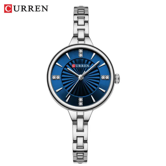 Curren watch with blue face and silver band on a white background