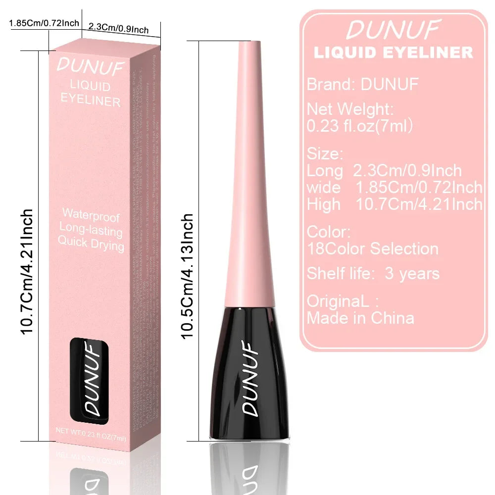 DUNUF liquid eyeliner with packaging and specifications on a white background