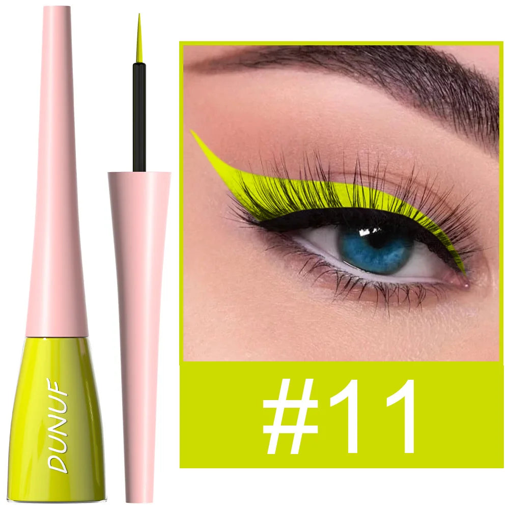 Eyeliner pen with pink and green design and close-up of eye wearing neon green eyeliner.