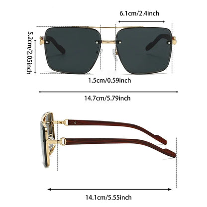 Sunglasses with dimensions labeled on a white background