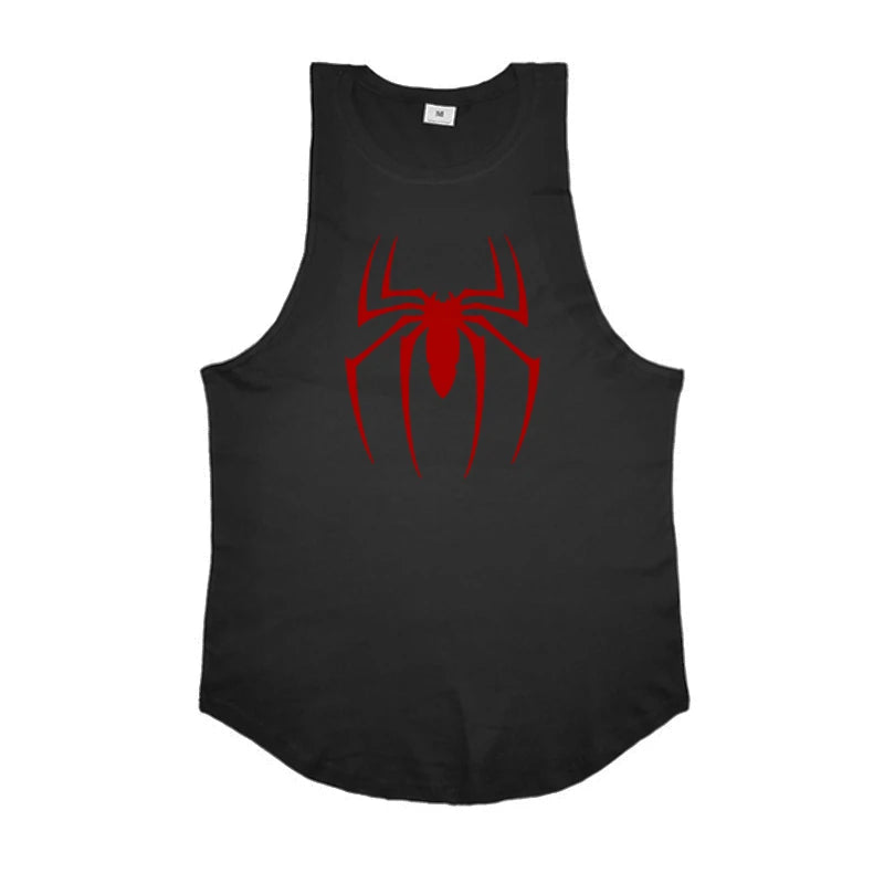 Black tank top with a red spider logo on a white background