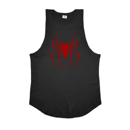 Black tank top with a red spider logo on a white background