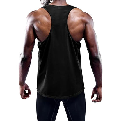 Person wearing a black tank top on a white background