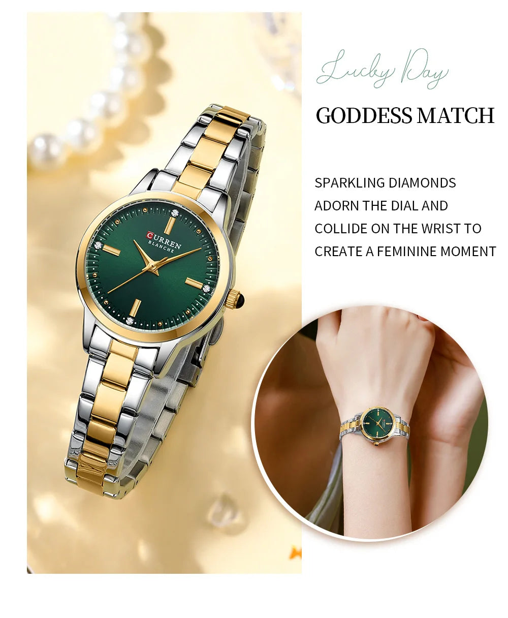 Two-tone watch with green dial on a white background, featuring the brand 'Curren'.