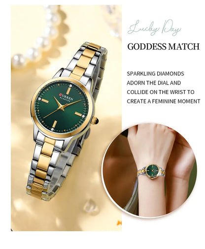 Two-tone watch with green dial on a white background, featuring the brand 'Curren'.
